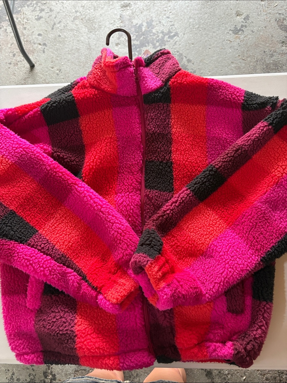 a new day Bright Pink & Red Checkered Sherpa Zip Jacket